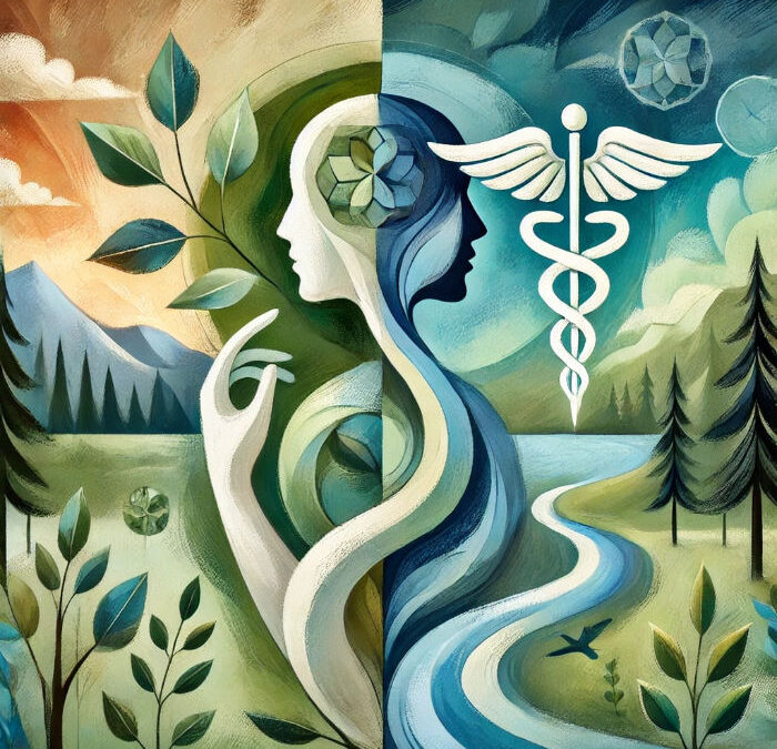 Artistic yin-yang style illustration symbolizing the balance of science and nature in bioidentical hormone therapy