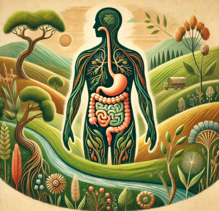 Artistic illustration of a human figure with visible digestive tract standing in nature, representing holistic digestive health